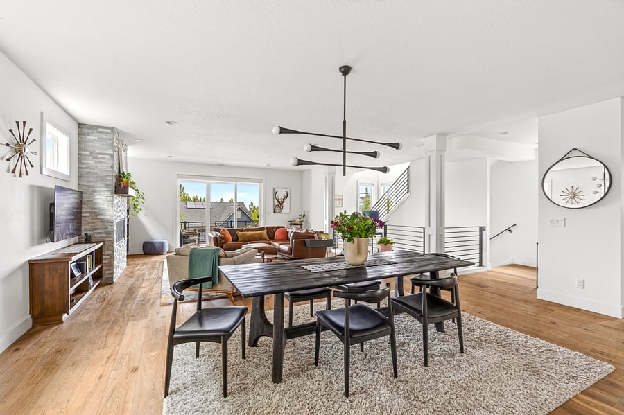 Dining Table has been replaced with an equal-sized, but natural midcentury table & chairs. Photo coming soon.