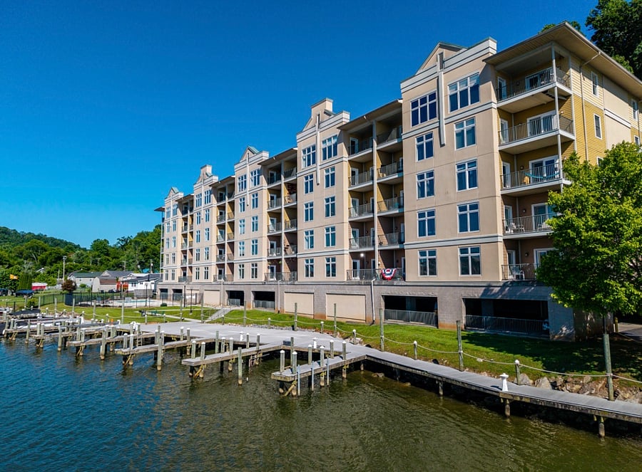 Condo view from the Tennessee River with private dock for boat access.