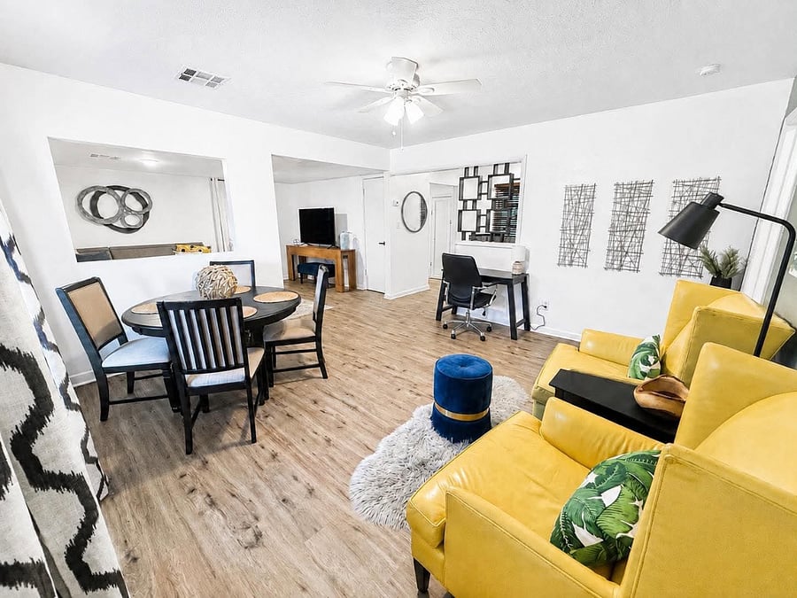 Dining area, desk and sitting area