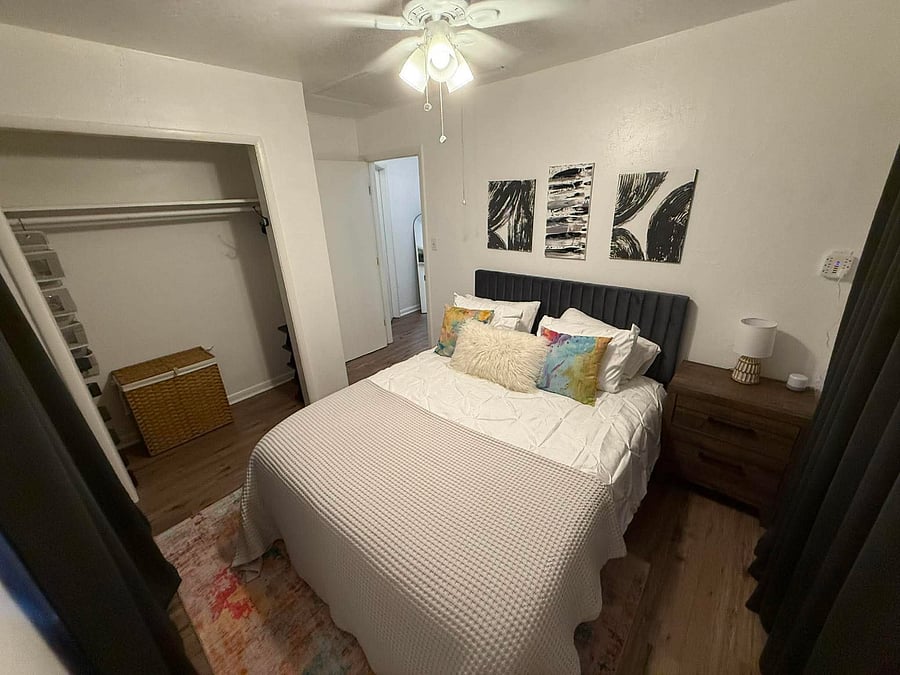 Bedroom, Full-size bed, dresser, shoe rack, hamper