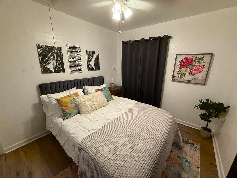 Bedroom, Full-size bed, dresser, shoe rack, hamper