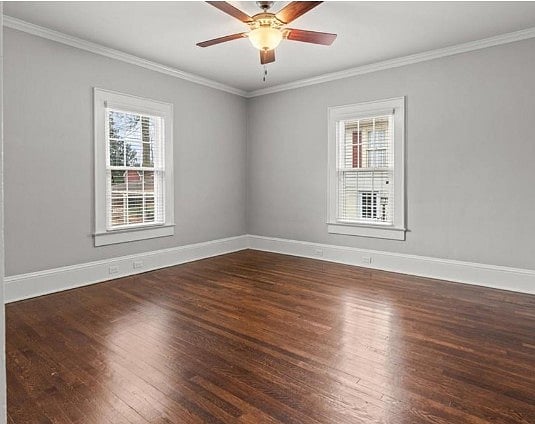 Room shown empty, but has Queen bed, TV, Dresser, Chair, Side Tables, and Closet