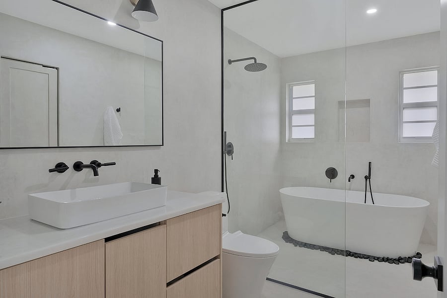 Bathroom 2 which is like a second master bathroom. Microcement shower with large bathrub. 