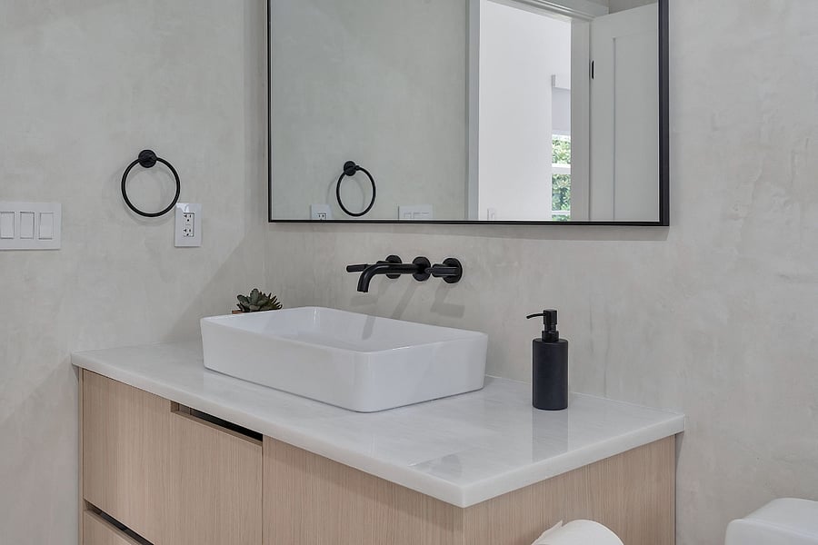 Bathroom 2 white marble vanity with Sonos Speaker