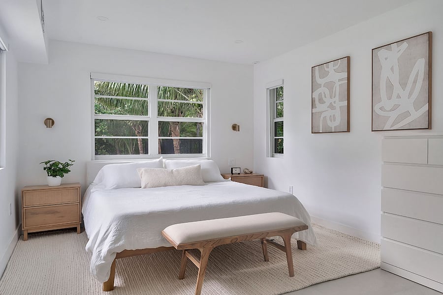 Master Bedroom with remote controlled blackout blinds.