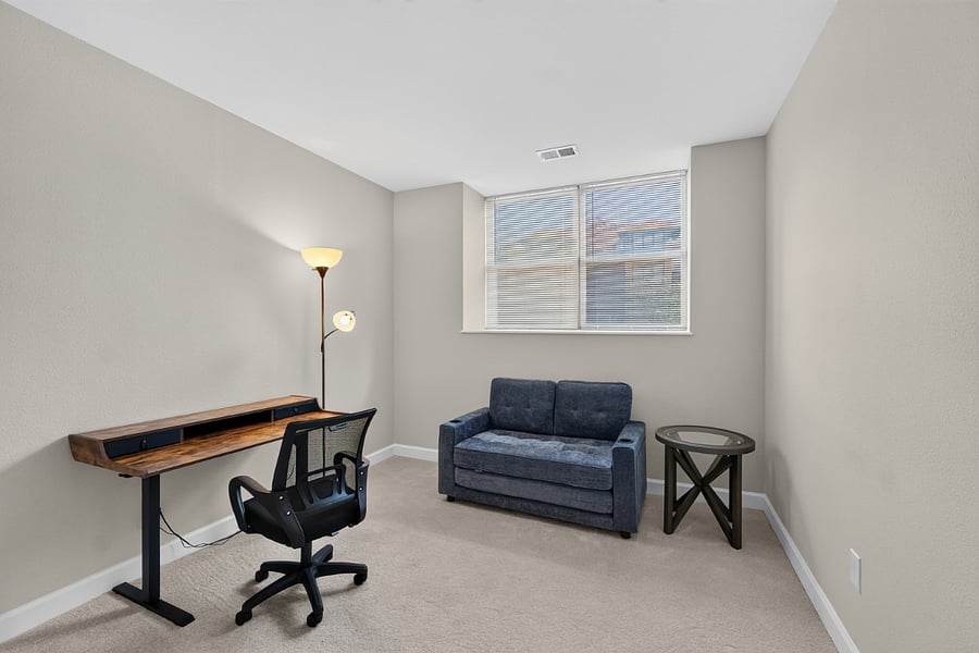 Perfect for home office or studying, ergonomic desk is adjustable including becoming a stand up desk. Sofa sleeper of guest.