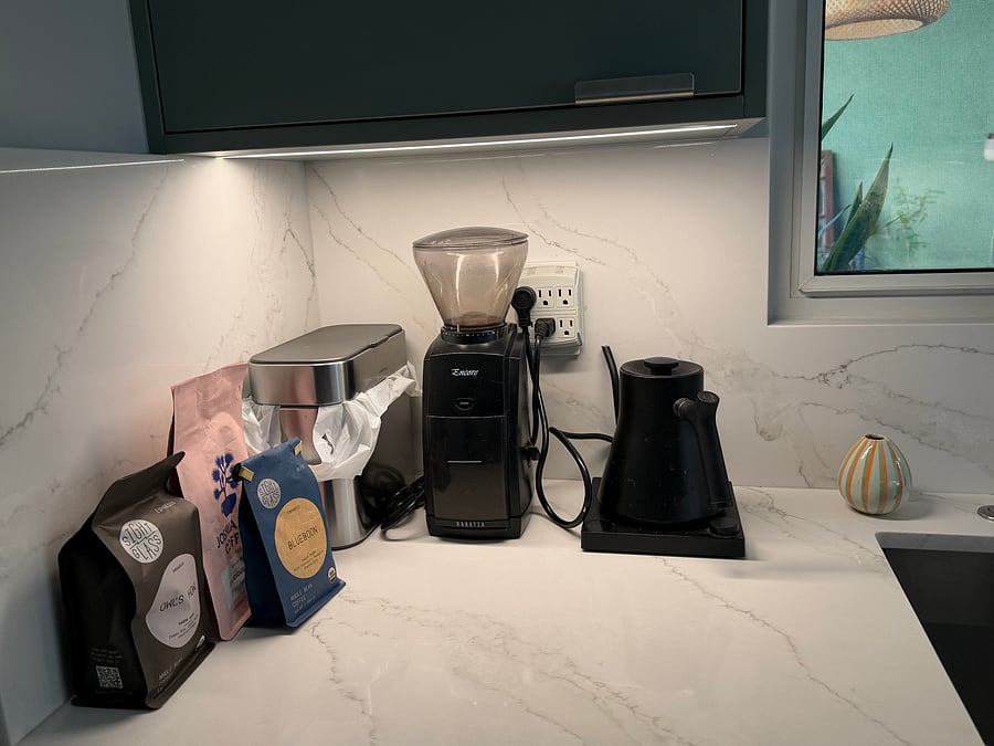 Coffee station: grinder, kettle, and pour over. But I've been looking for an excuse to get an espresso machine ;)