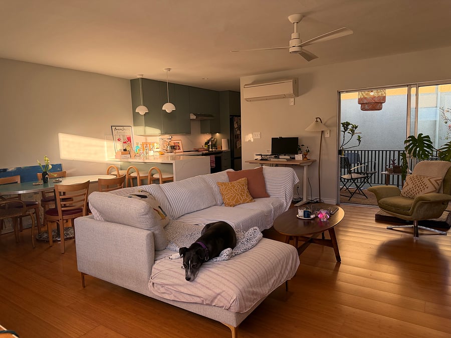 Couch, with TV across the way