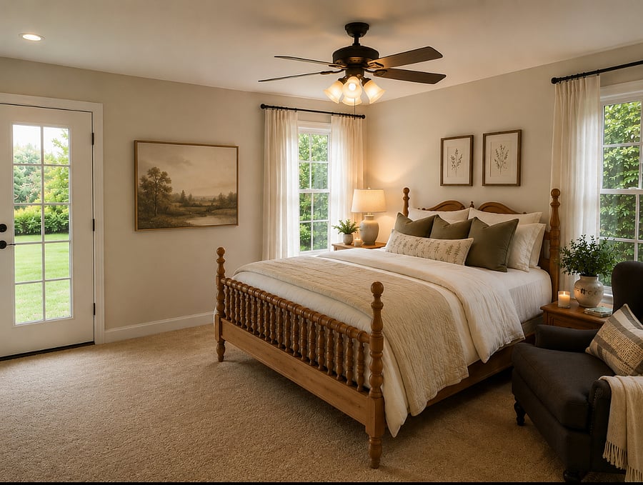 Spacious primary suite with two closets, private water closet, and direct access to the backyard.
