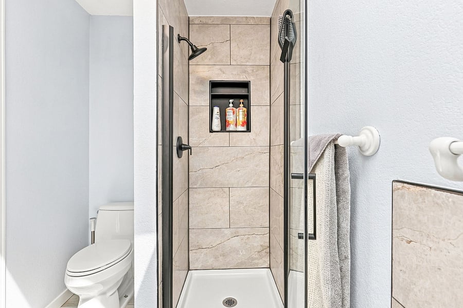 Master Bath (upstairs in master bedroom): shower, beautifully tiled, relax and get really comfortable.