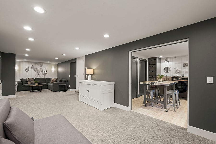 Main room from Murphy-bed wall: shows open sleeping area, kitchenette entry, and book shelves.