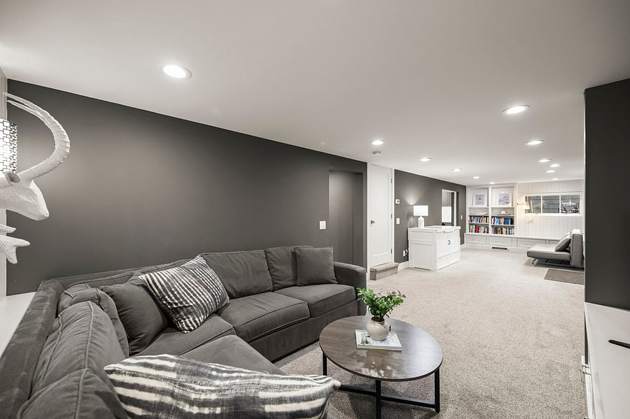 Main room from sectional side: shows open layout connecting lounge, bed area, and kitchenette.
