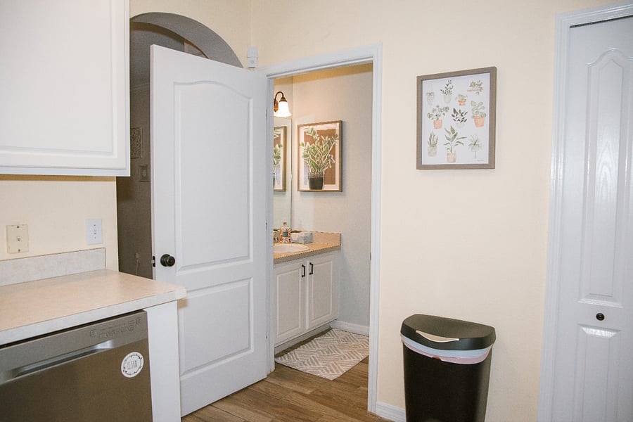 Half bath, stocked with starter toiletries