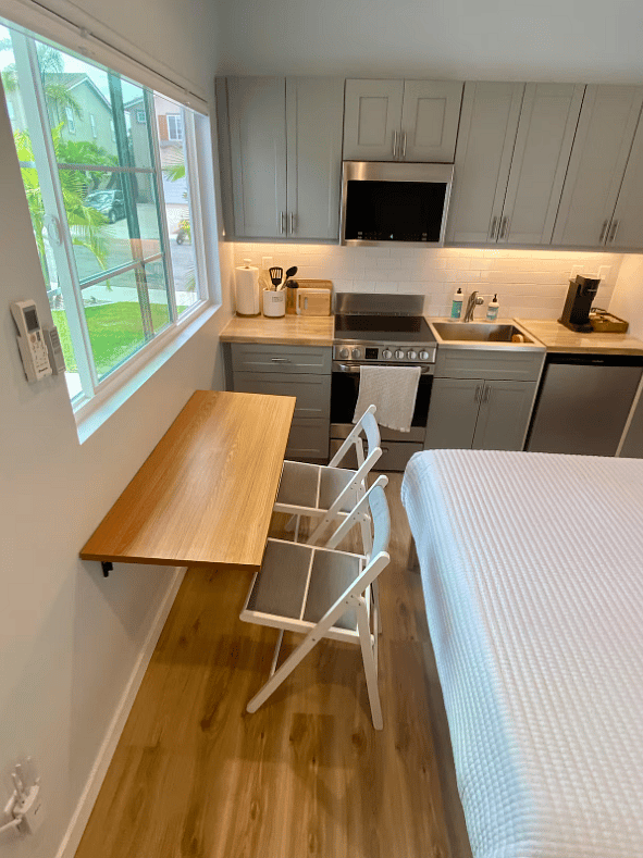 Folding table for eating or working.
