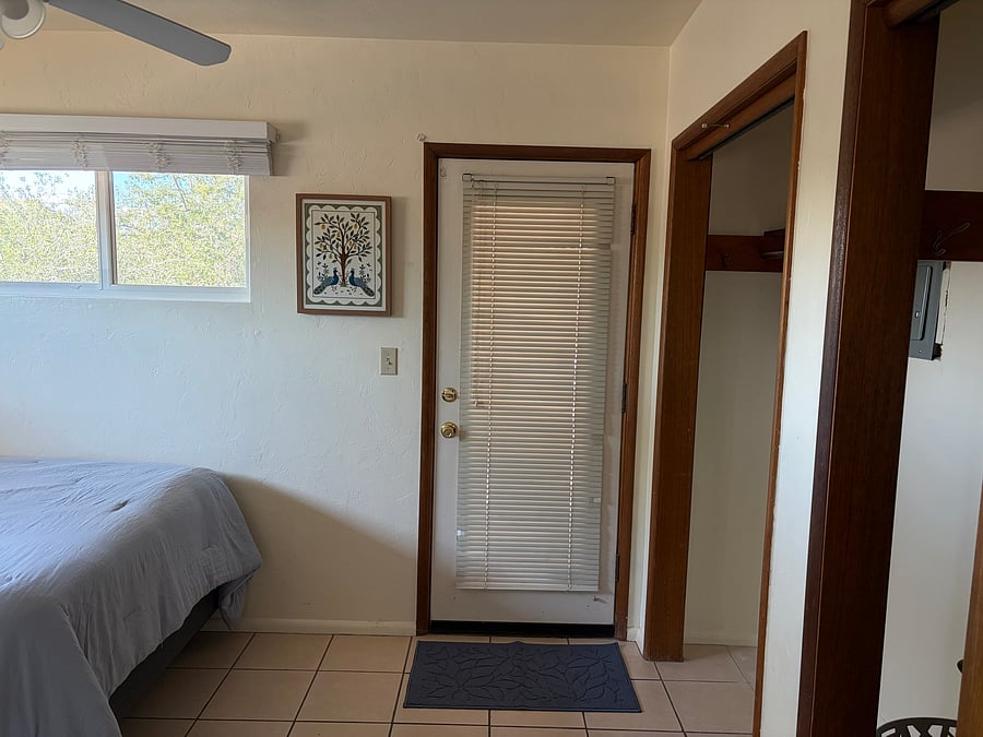 Bedroom #1 - Door to backyard. Two large closets, dresser is in the right closet.