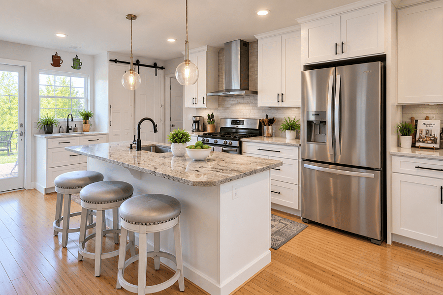 Spacious shared kitchen with large island and bar seating.