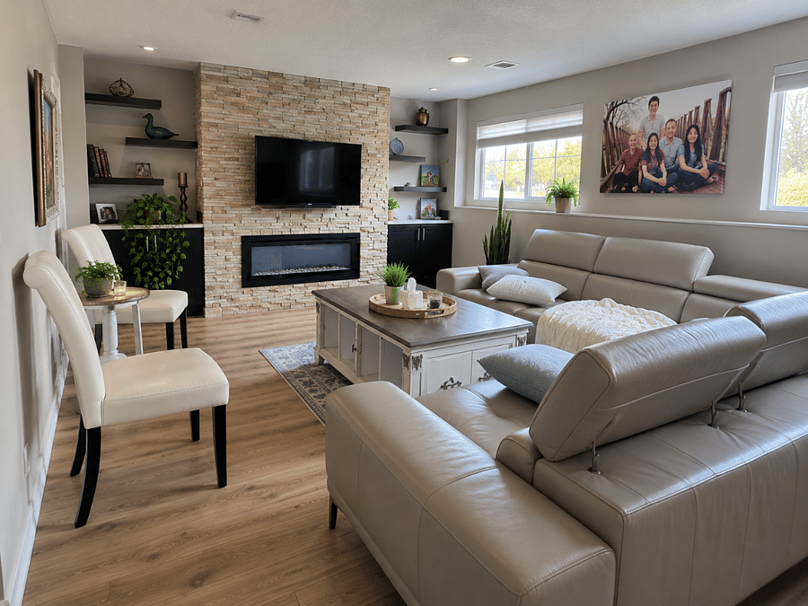 shared family room with fireplace, large TV and comfortable seating. perfect for relaxing and unwinding.