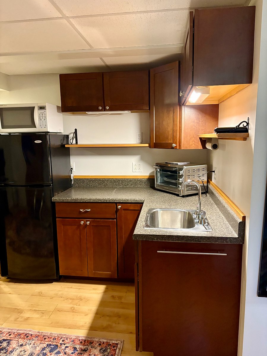 Full sized fridge, microwave, and airfryer/toaster/convection oven. For more substantial baking or cooking, feel free to use the upstairs kitchen. 