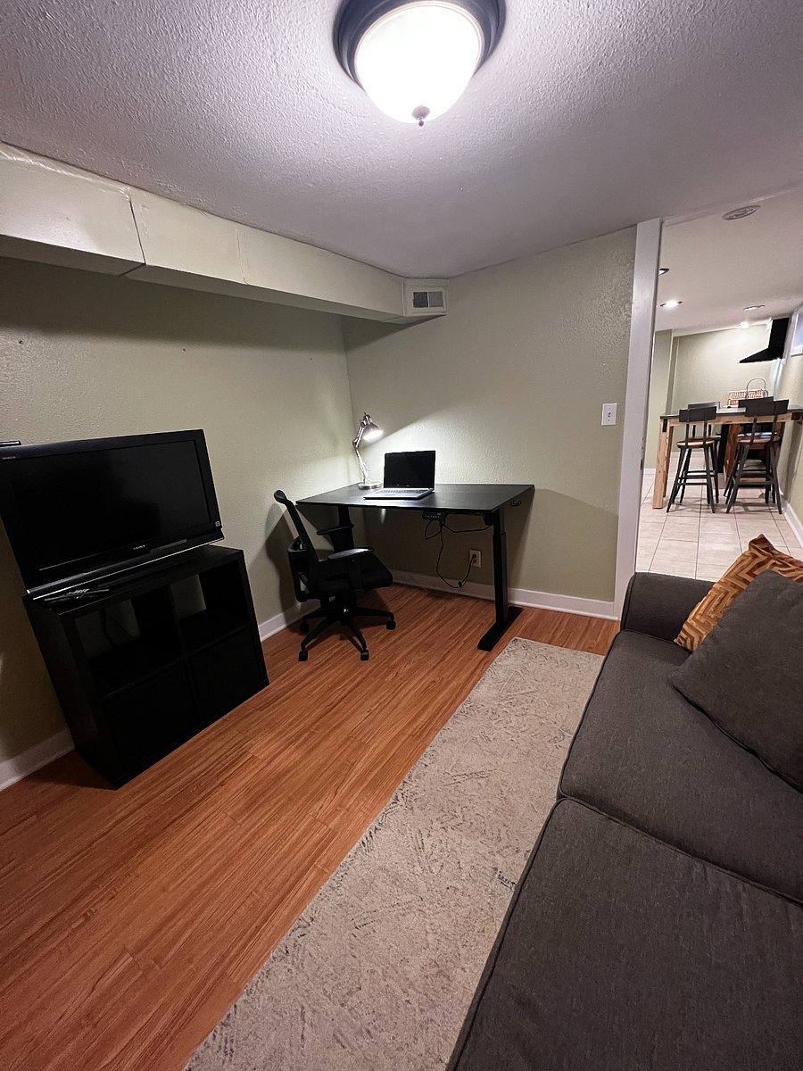 Second room with sofa, adjustable stand up desk, TV with Roku, and extra closet
