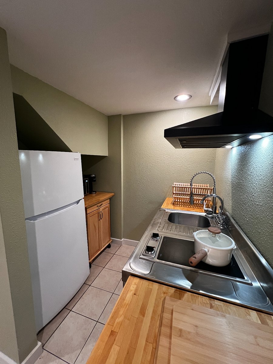 Electric range stove and hood fan in kitchenette 