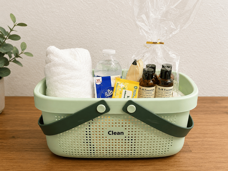 Welcome basket with toiletries.