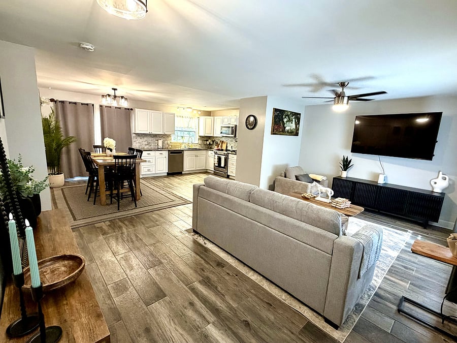 Open living, dining, and kitchen