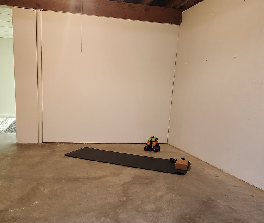 Yoga mat, strap, block, and hand weights