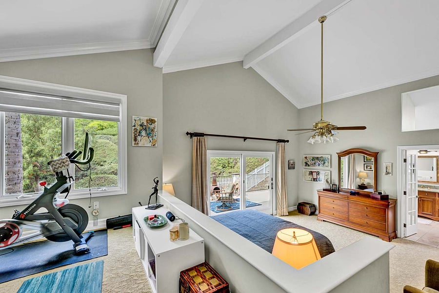 Gotta stay fit, Peloton, weights, Yoga, and more, and all while looking out to your Private Back Yard. Ethan Allen furniture, adjustable bed, lit ceiling fan, and soaring vaulted ceilings.