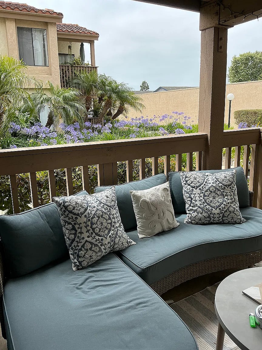 Private master patio with gorgeous views of landscaping and stream.