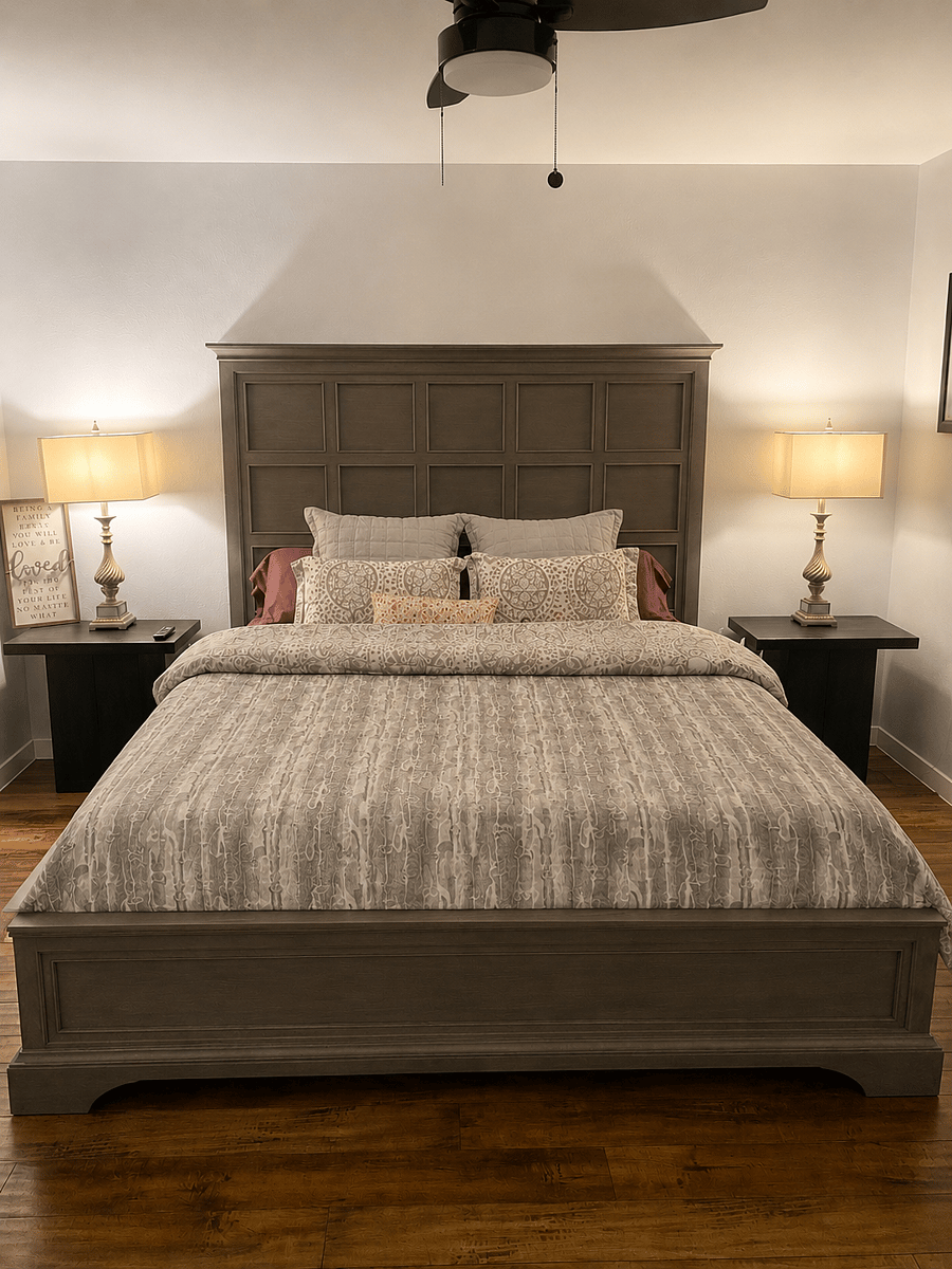 Master Bedroom with king sized bed and attached bathroom. 