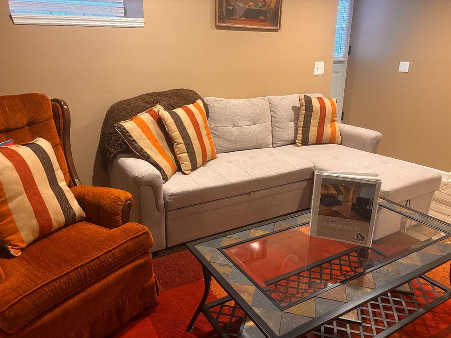 This sectional sofa easily converts to a short full/three-quarter (slightly smaller than a double bed) sleeper sofa 