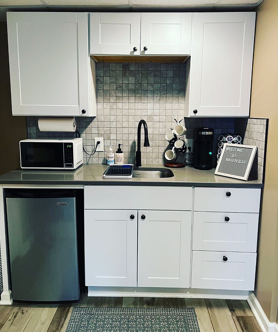 Whip up an afternoon snack in this well-appointed kitchenette with mini fridge (with ice cube trays), selection of coffee and tea, toaster, electronic can opener, and tea kettle. If you'd like a toaster oven and/or electric skillet, those can be provided as well 