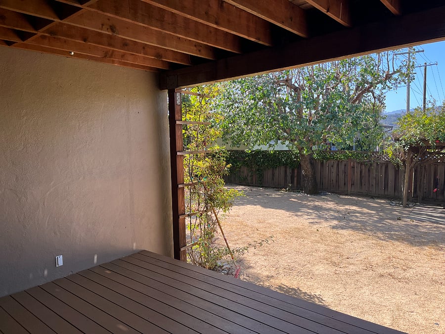 View of rear garden from back deck.