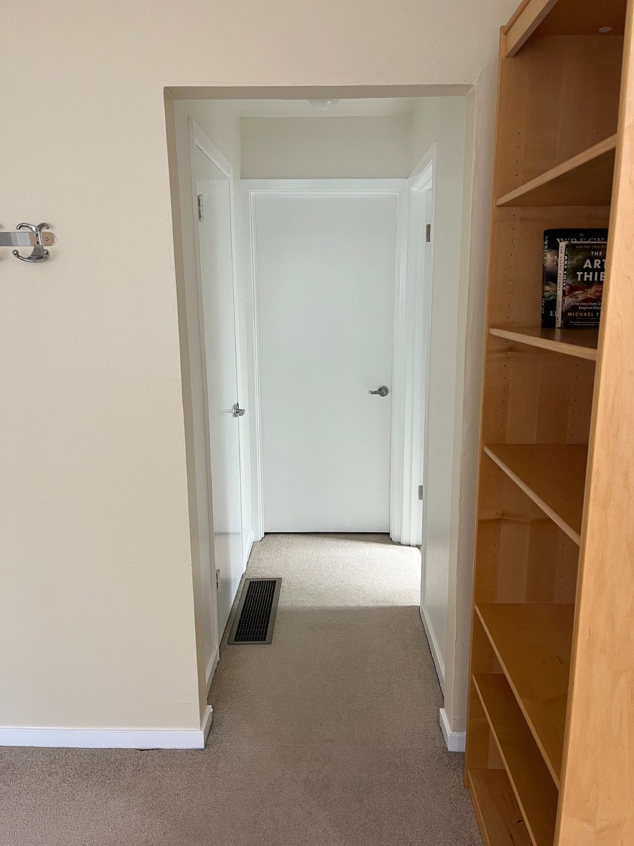 Hallway from living area to bedroom (straight ahead), bathroom (on the right), and walk-in closet (on the left).