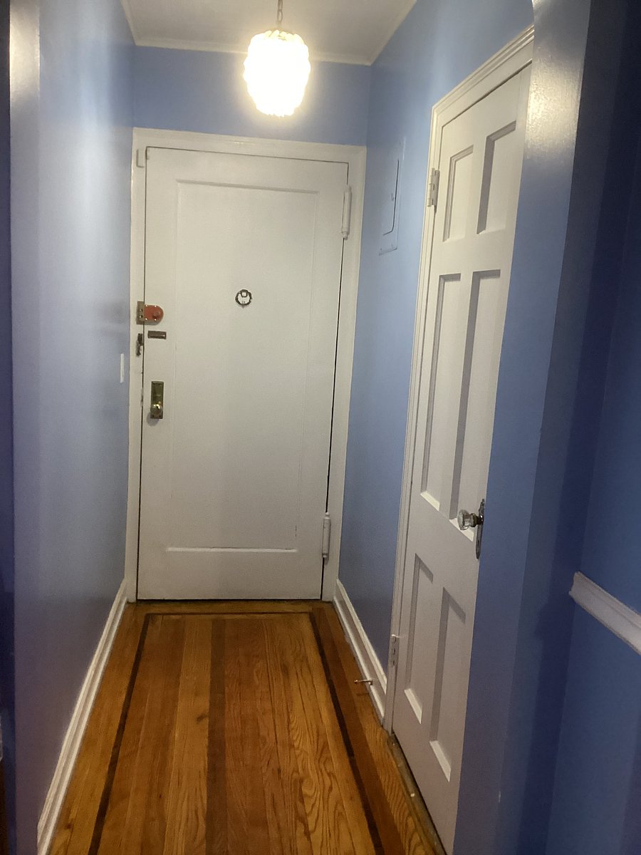 HALLWAY ENTRANCE TO APARTMENT AND HALL CLOSET FOR COATS. ORIGINAL HARDWOOD FLOORS THROUGH OUT THE APARTMENT.