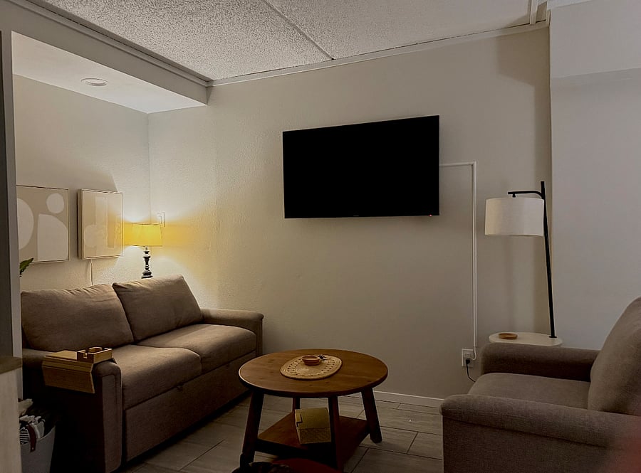 Sitting area with full size pull out couch, lounge chair and end table with charging station.