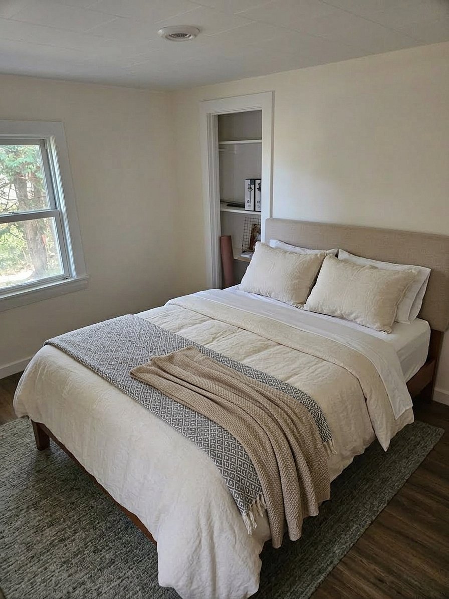 Master bedroom with a queen size bed and a closet