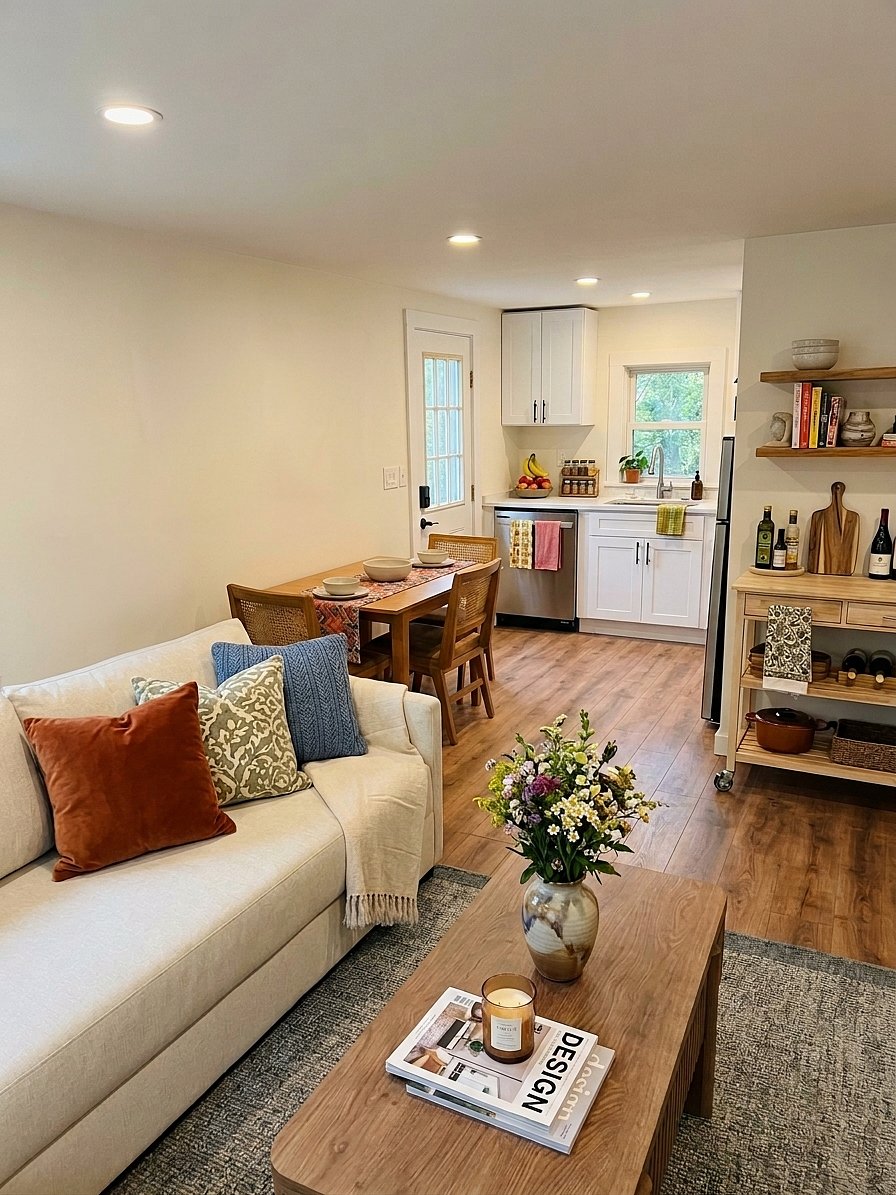 Living room with a couch, 65" TV and high speed Internet service