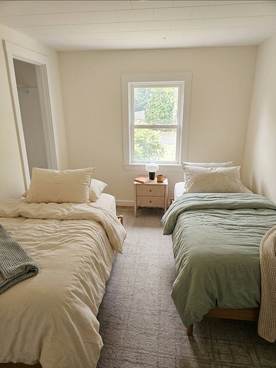 Second bedroom with two beds and a closet