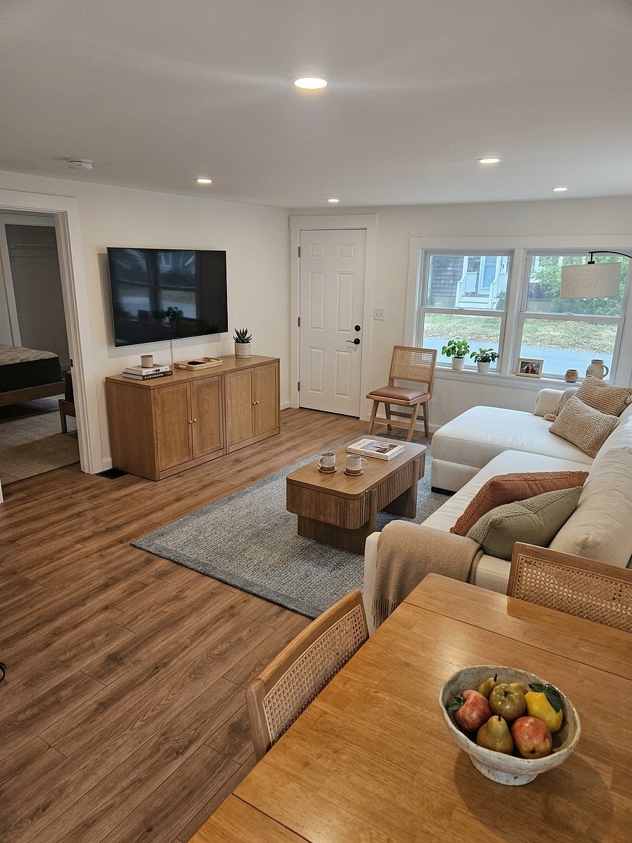 Living room with a couch, 65" TV and high speed Internet service