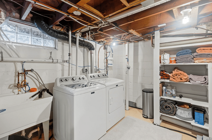 Maytag Washer and Dryer, utility + storage area.