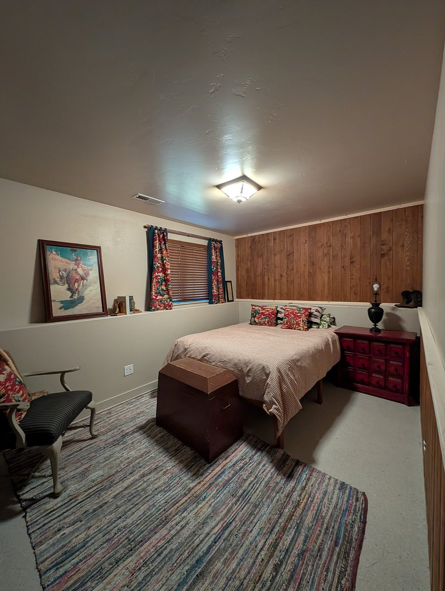 downstairs bedroom with queen bed and television