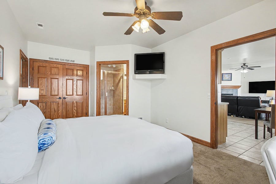 Comfortable primary bedroom with a wall-mounted TV, generous closet space, and convenient access to the separate shower and vanity area, as well as the kitchen and living room.
