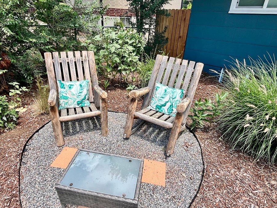 Comfy Adirondack chairs in the front yard - west facing with afternoon sunlight and morning shade
