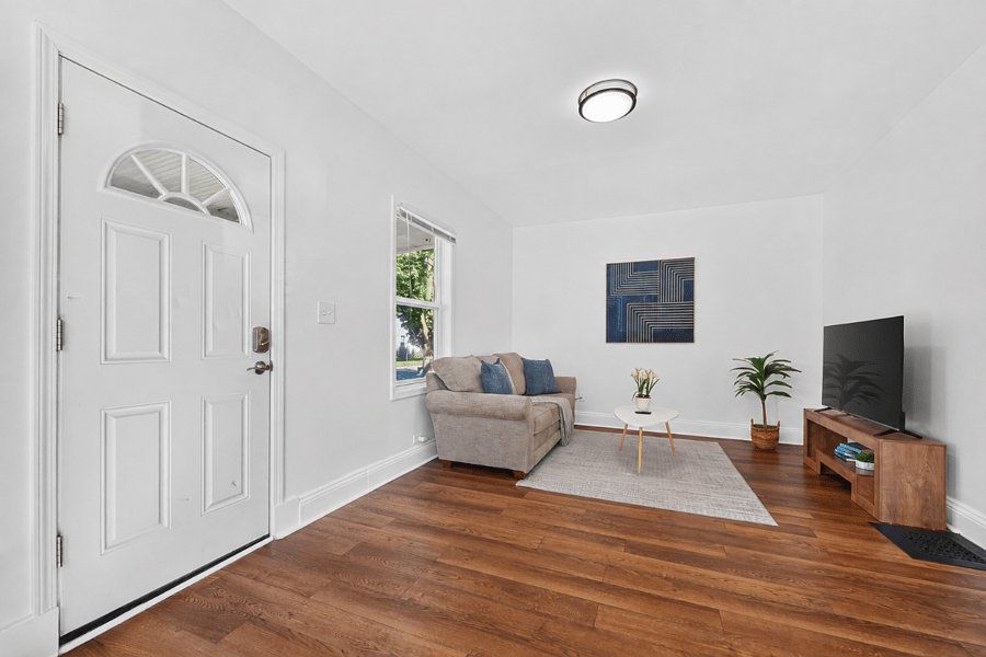 Living room looking toward the private front door