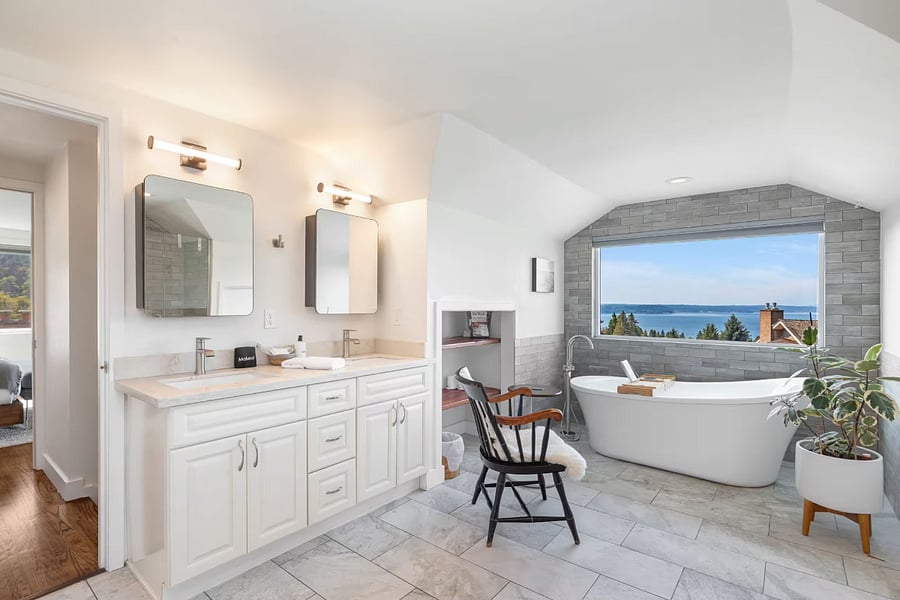 Spacious master bathroom with double vanity.