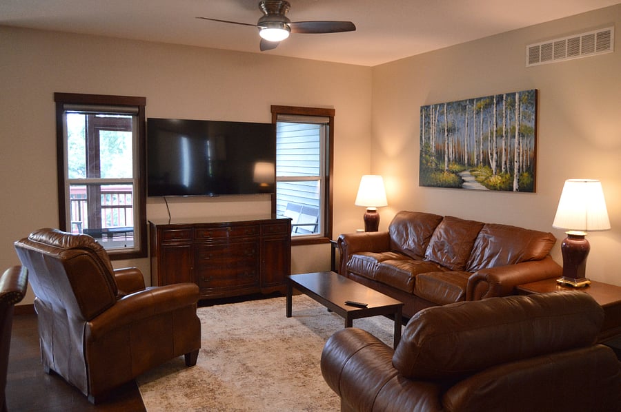 living room with NEW 65" Smart TV