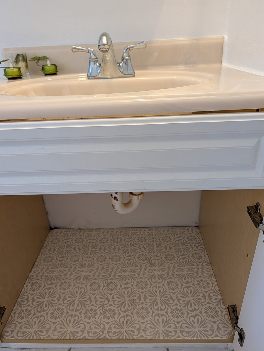Under sink cabinet storage in bathroom.