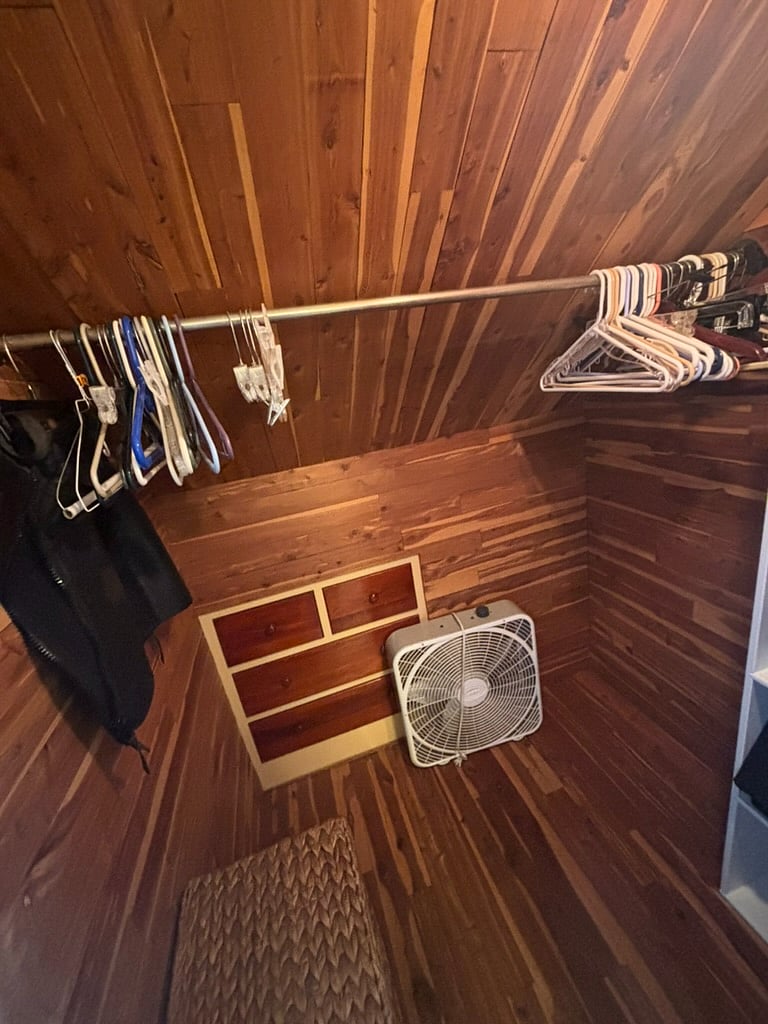 Laundry basket in the closet.