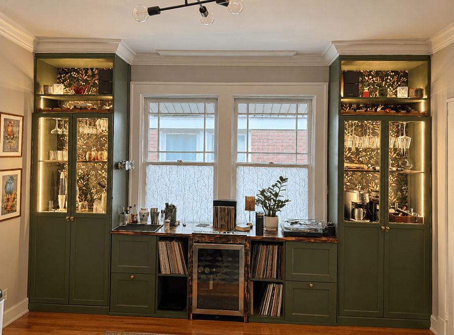 Bookcase Cocktail & coffee bar with record player in common space
